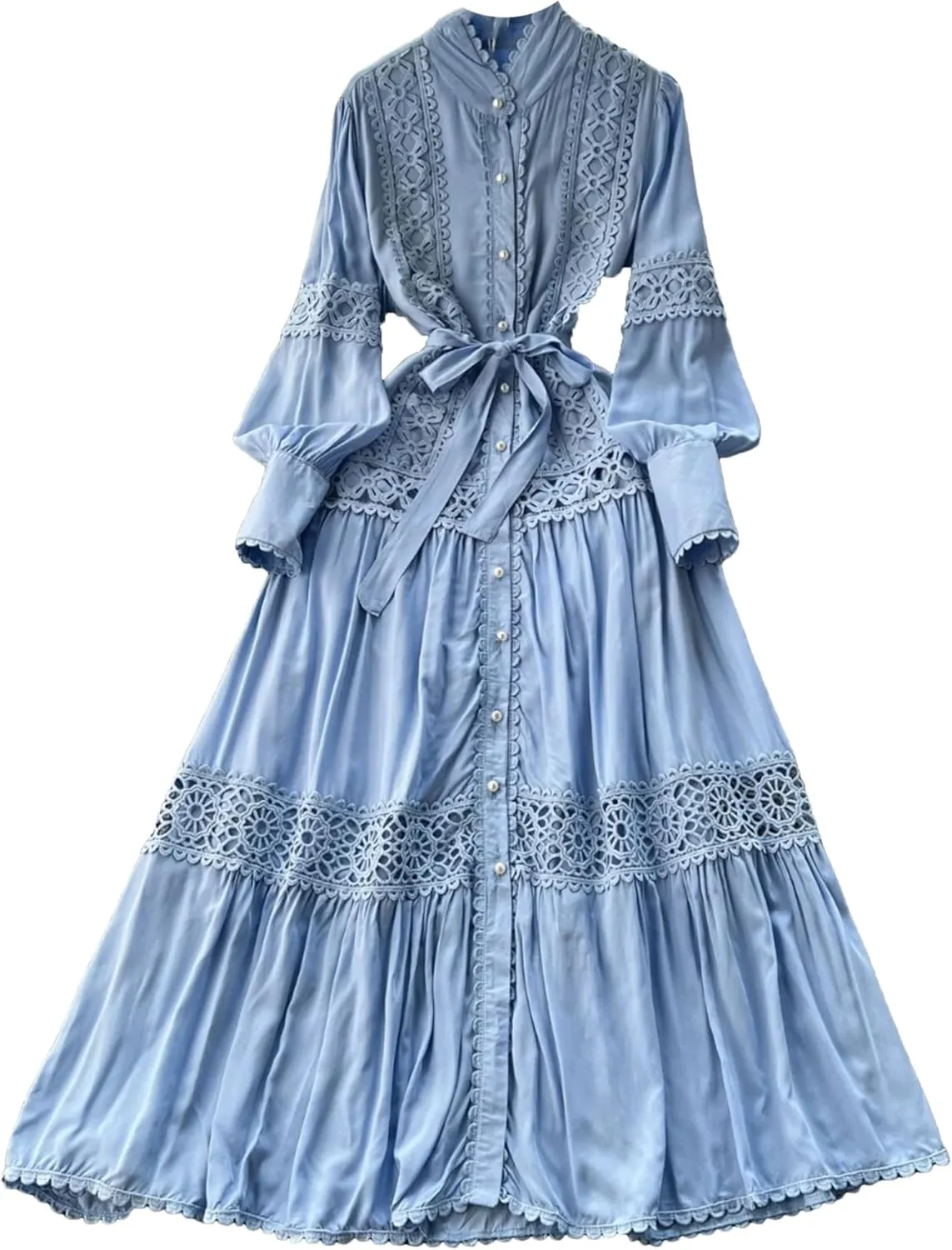 Elegant Long Sleeve Autumn Dress Women Lace Patchwork Button Single Breast Belt A Line Loose Party Dress