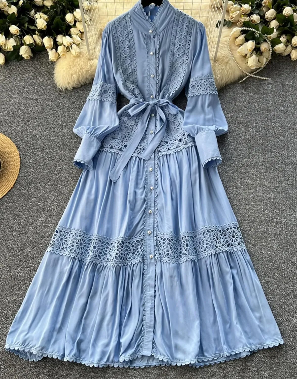 Elegant Long Sleeve Autumn Dress Women Lace Patchwork Button Single Breast Belt A Line Loose Party Dress