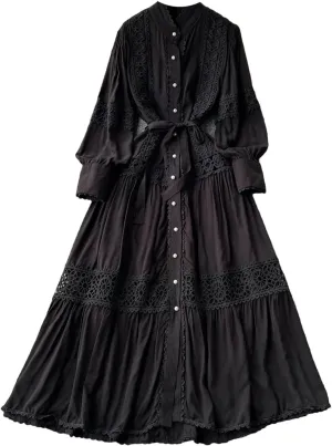 Elegant Long Sleeve Autumn Dress Women Lace Patchwork Button Single Breast Belt A Line Loose Party Dress
