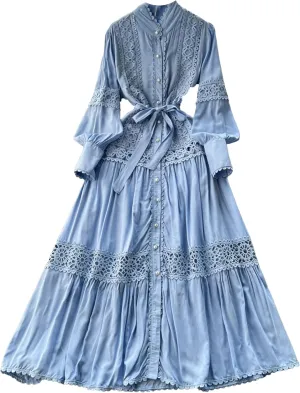 Elegant Long Sleeve Autumn Dress Women Lace Patchwork Button Single Breast Belt A Line Loose Party Dress