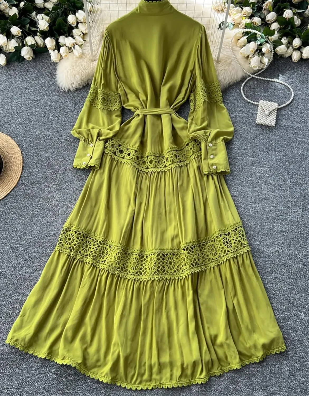 Elegant Long Sleeve Autumn Dress Women Lace Patchwork Button Single Breast Belt A Line Loose Party Dress