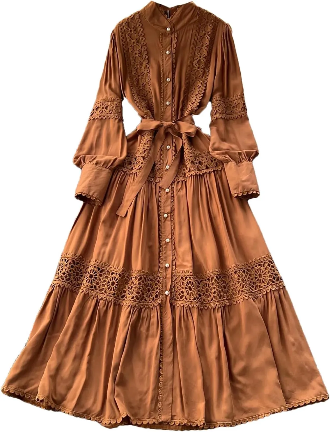 Elegant Long Sleeve Autumn Dress Women Lace Patchwork Button Single Breast Belt A Line Loose Party Dress