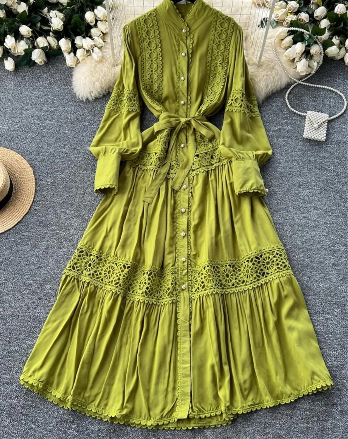 Elegant Long Sleeve Autumn Dress Women Lace Patchwork Button Single Breast Belt A Line Loose Party Dress