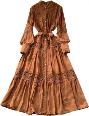 Elegant Long Sleeve Autumn Dress Women Lace Patchwork Button Single Breast Belt A Line Loose Party Dress