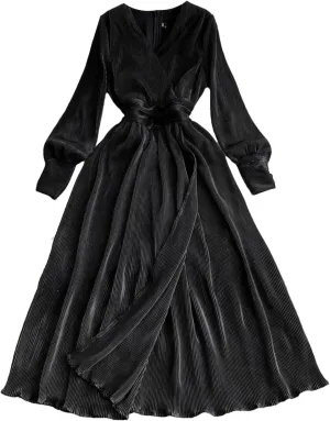 Elegant Long Sleeves Vintage V-Neck Fashion Split Slim Pleated Dresses French Evening Clothing