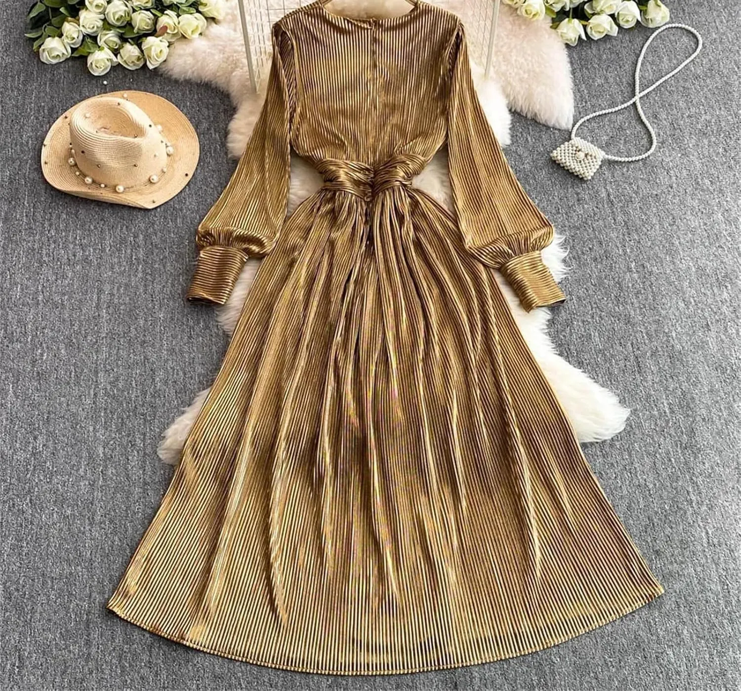 Elegant Long Sleeves Vintage V-Neck Fashion Split Slim Pleated Dresses French Evening Clothing