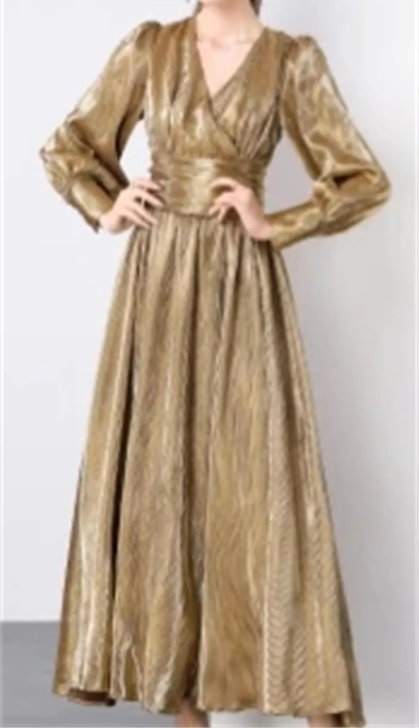 Elegant Long Sleeves Vintage V-Neck Fashion Split Slim Pleated Dresses French Evening Clothing