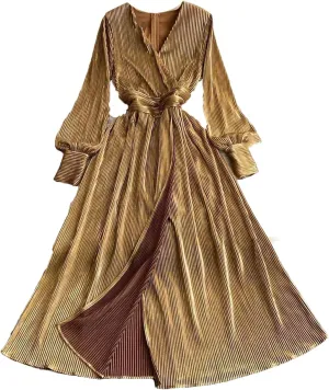 Elegant Long Sleeves Vintage V-Neck Fashion Split Slim Pleated Dresses French Evening Clothing