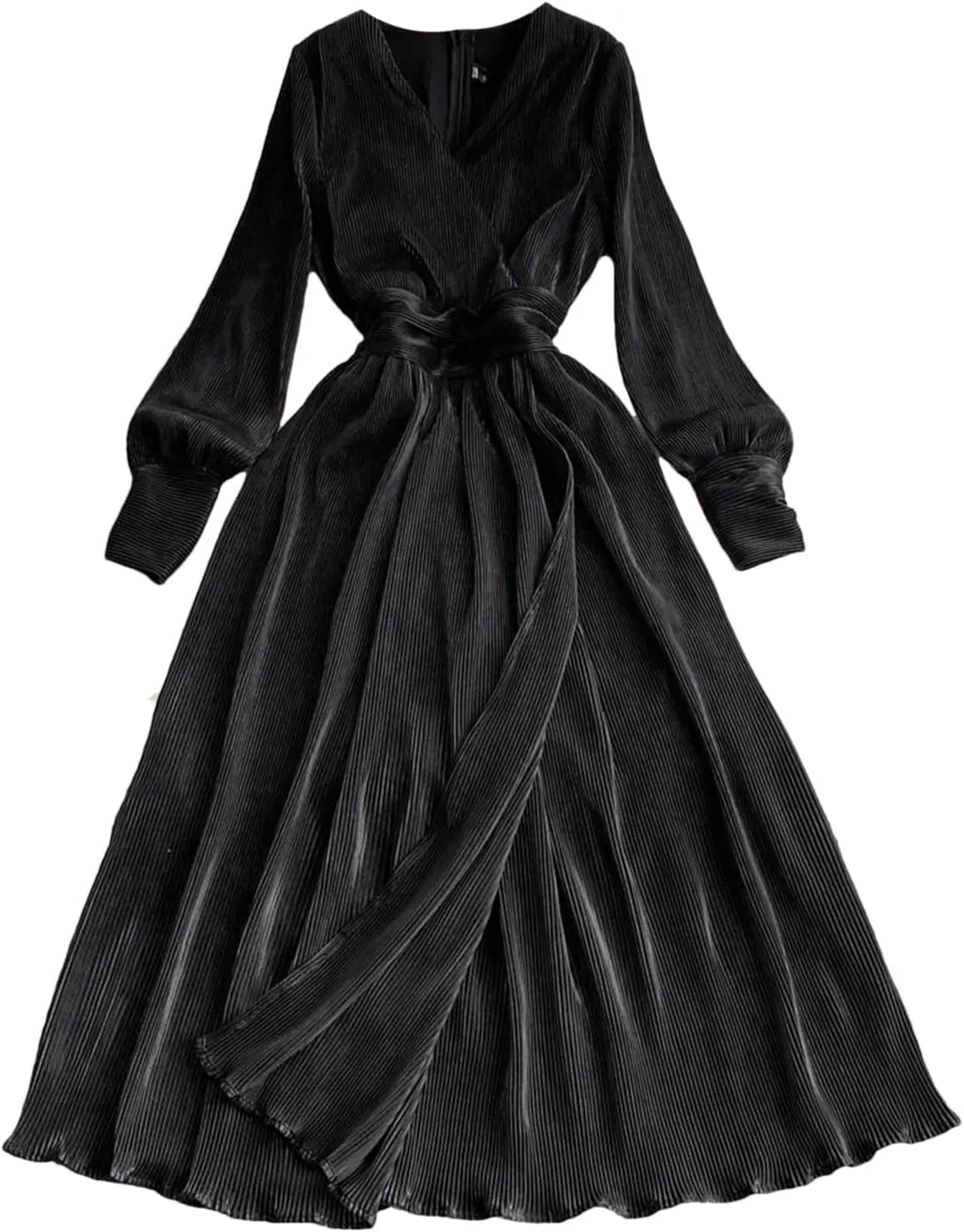 Elegant Long Sleeves Vintage V-Neck Fashion Split Slim Pleated Dresses French Evening Clothing