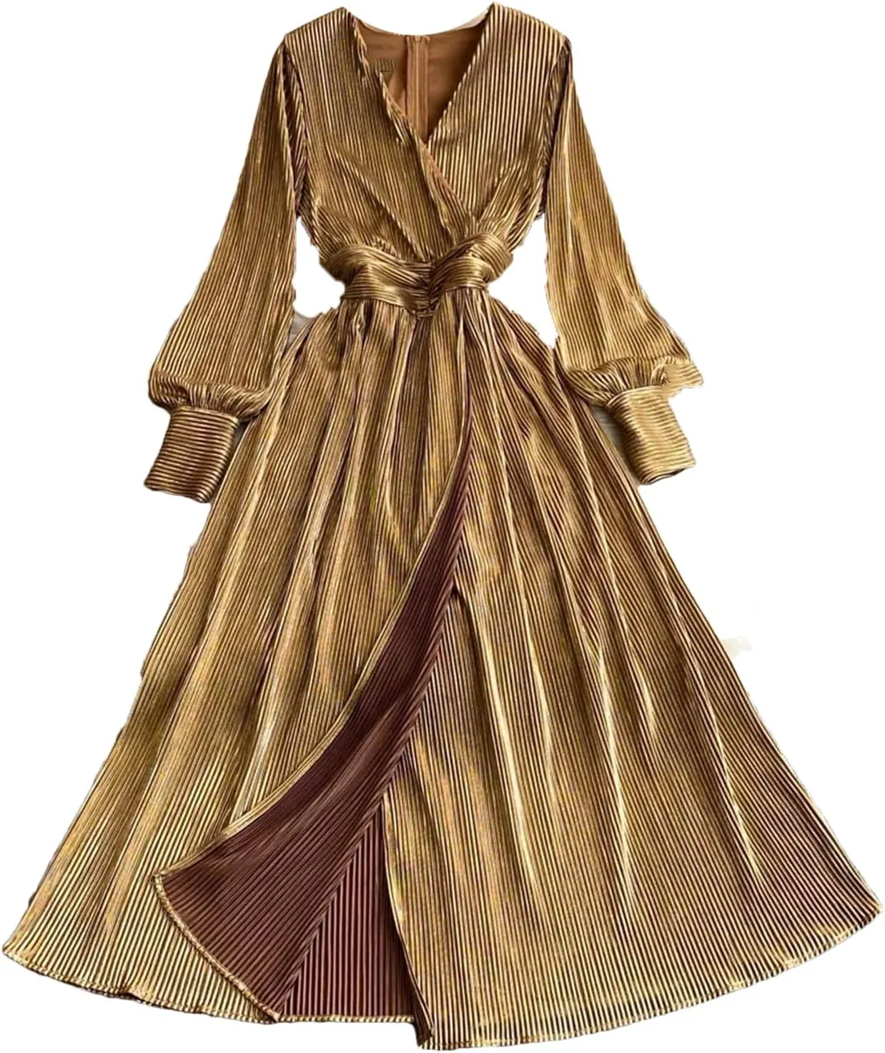 Elegant Long Sleeves Vintage V-Neck Fashion Split Slim Pleated Dresses French Evening Clothing