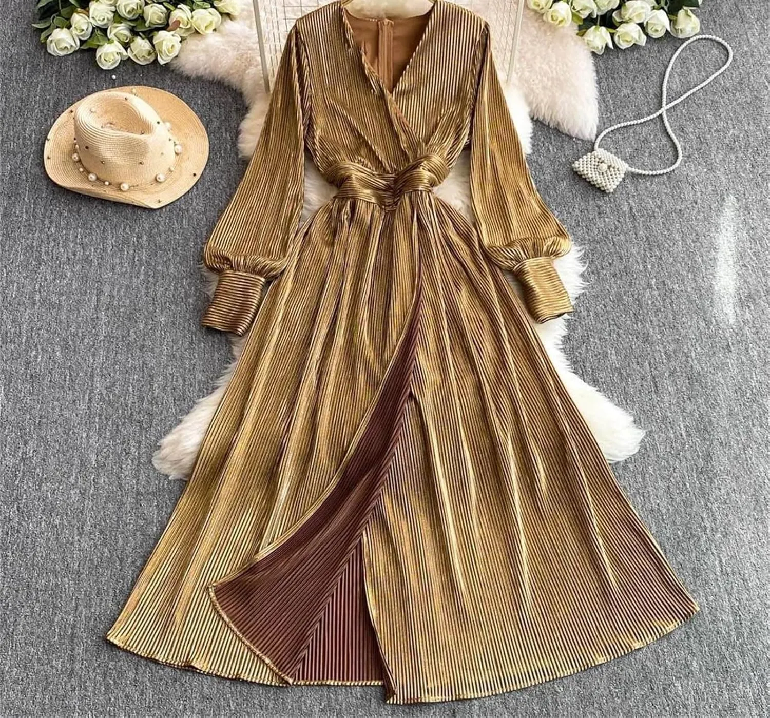 Elegant Long Sleeves Vintage V-Neck Fashion Split Slim Pleated Dresses French Evening Clothing