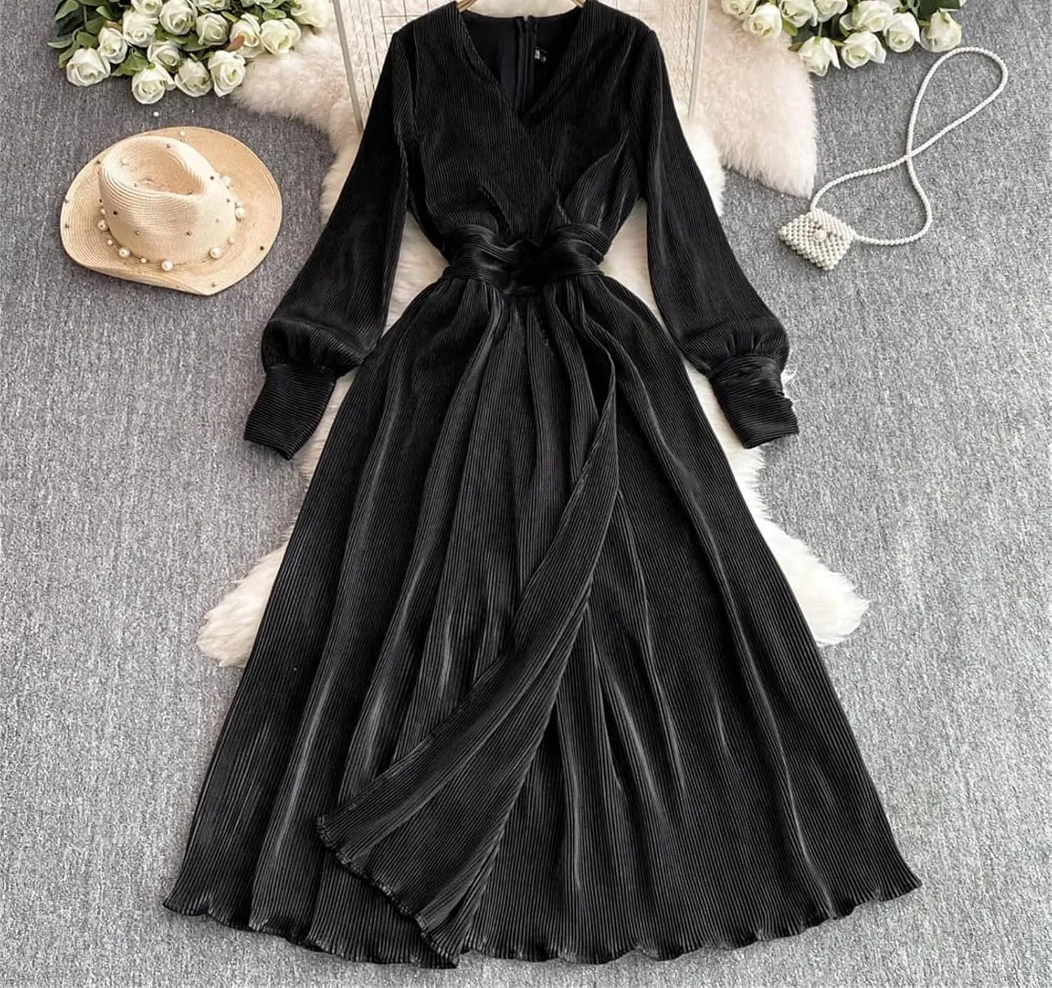 Elegant Long Sleeves Vintage V-Neck Fashion Split Slim Pleated Dresses French Evening Clothing