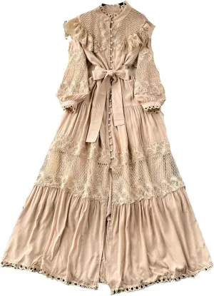 Fashion Lace Ruffles Long Dress for Women Casual Hollow Out Stand Full Sleeve Lace-Up Single Breasted Dresses