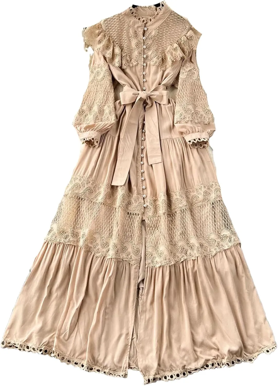 Fashion Lace Ruffles Long Dress for Women Casual Hollow Out Stand Full Sleeve Lace-Up Single Breasted Dresses