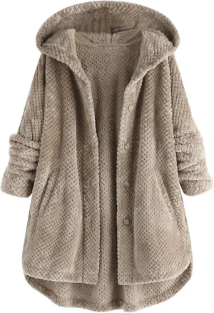 Fleece Jacket Women Button Hem Plus Size Hoodie Top Sweater Blouse Oversized Fluffy Outerwear para Coats