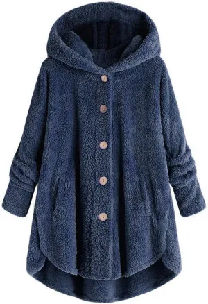Fleece Jacket Women Long Hooded Button Fleece Sleeve Plus Size Women Women's Coat Oversized Fluffy Outerwear Long