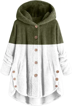 Fleece Jacket Women Long Hooded Button Fleece Sleeve Plus Size Women Women's Coat Oversized Fluffy Outerwear Long