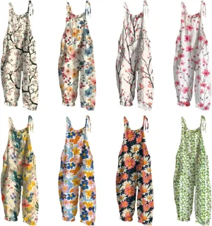 Floral Jumpsuits for Women Wide Leg Cotton Linen Loose Baggy Beach Printed Summer Jumpsuits for Women 2024