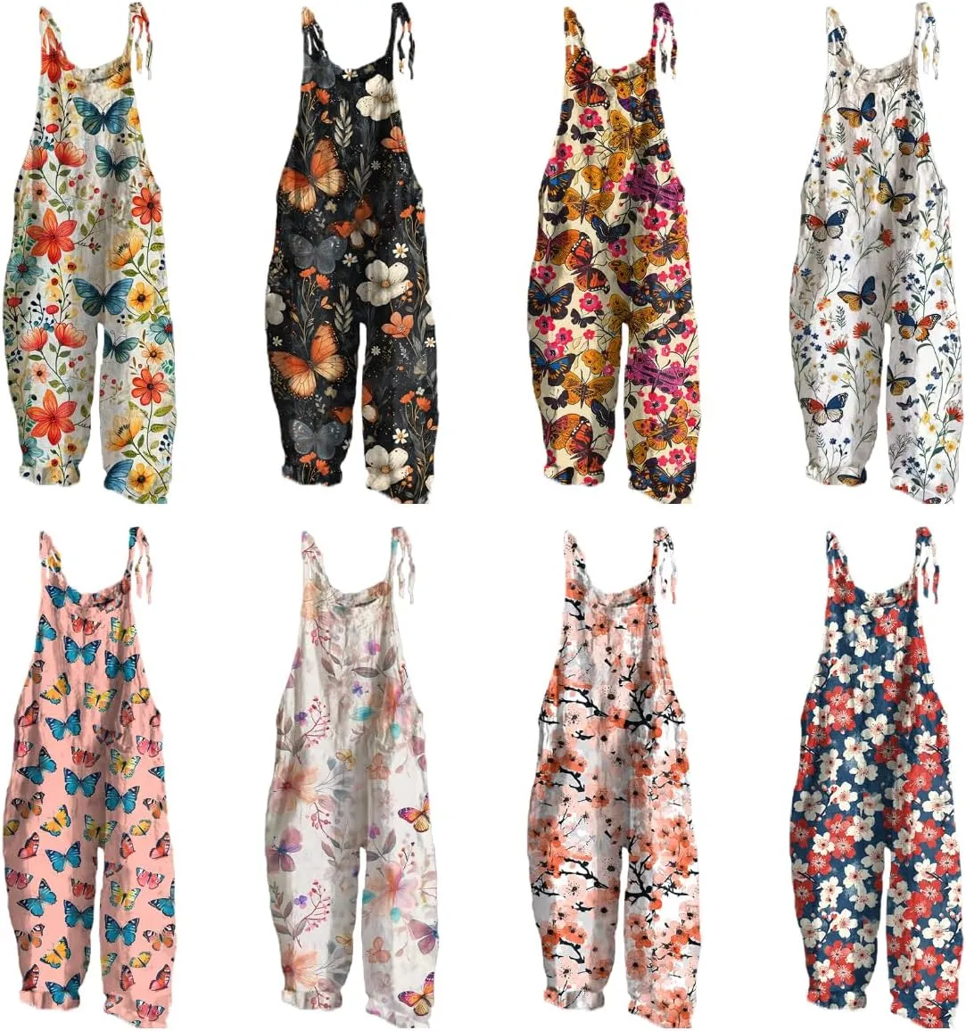 Floral Jumpsuits for Women Wide Leg Cotton Linen Loose Baggy Beach Printed Summer Jumpsuits for Women 2024