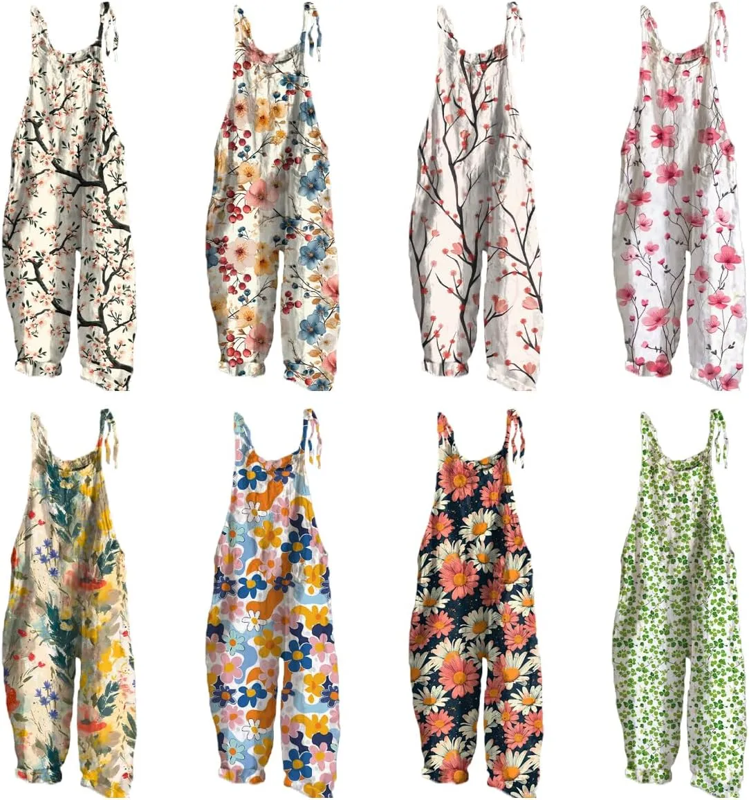 Floral Jumpsuits for Women Wide Leg Cotton Linen Loose Baggy Beach Printed Summer Jumpsuits for Women 2024