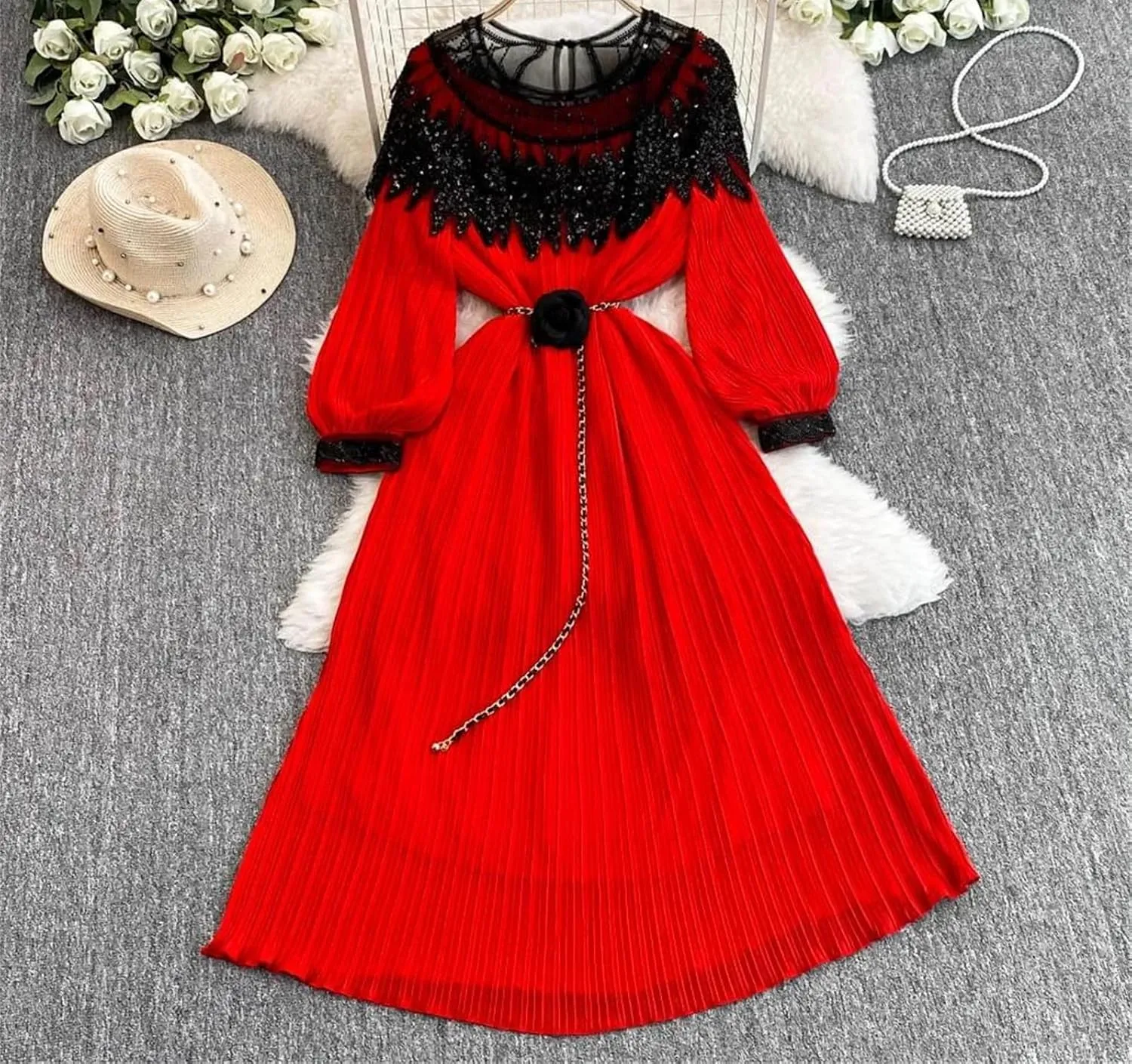 French Lace Up Long Sleeve O Neck Dress Chic Fashion A-Line Women Dress