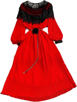 French Lace Up Long Sleeve O Neck Dress Chic Fashion A-Line Women Dress