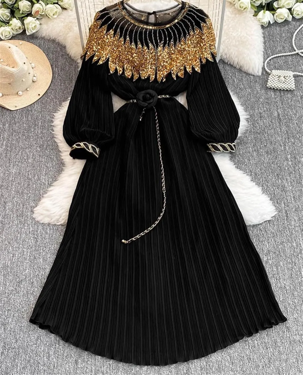 French Lace Up Long Sleeve O Neck Dress Chic Fashion A-Line Women Dress