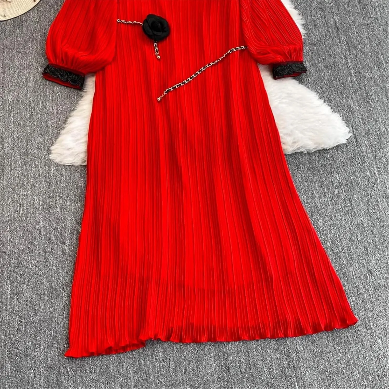 French Lace Up Long Sleeve O Neck Dress Chic Fashion A-Line Women Dress