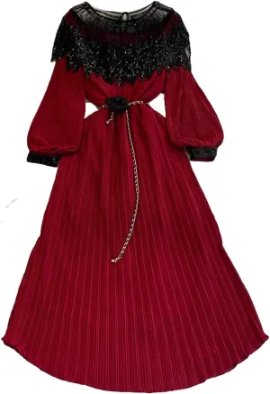 French Lace Up Long Sleeve O Neck Dress Chic Fashion A-Line Women Dress