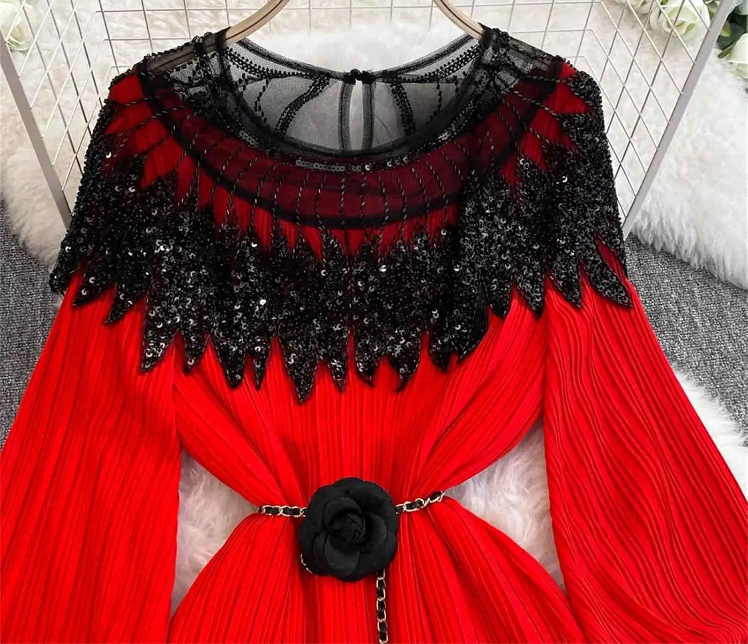 French Lace Up Long Sleeve O Neck Dress Chic Fashion A-Line Women Dress
