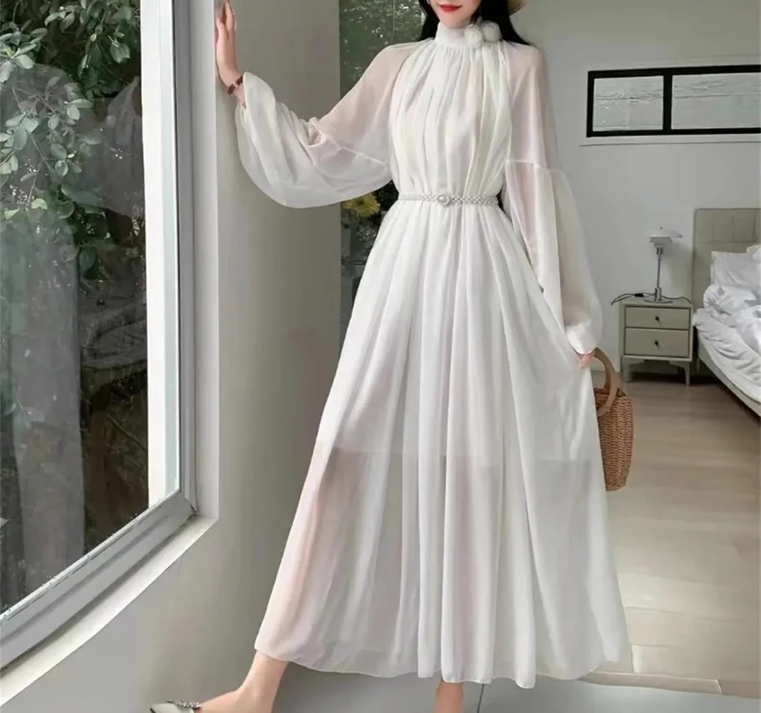 French V-Neck Solid Dress Belt Slim A-Line Lantern Sleeve Robe Female Midi Dress
