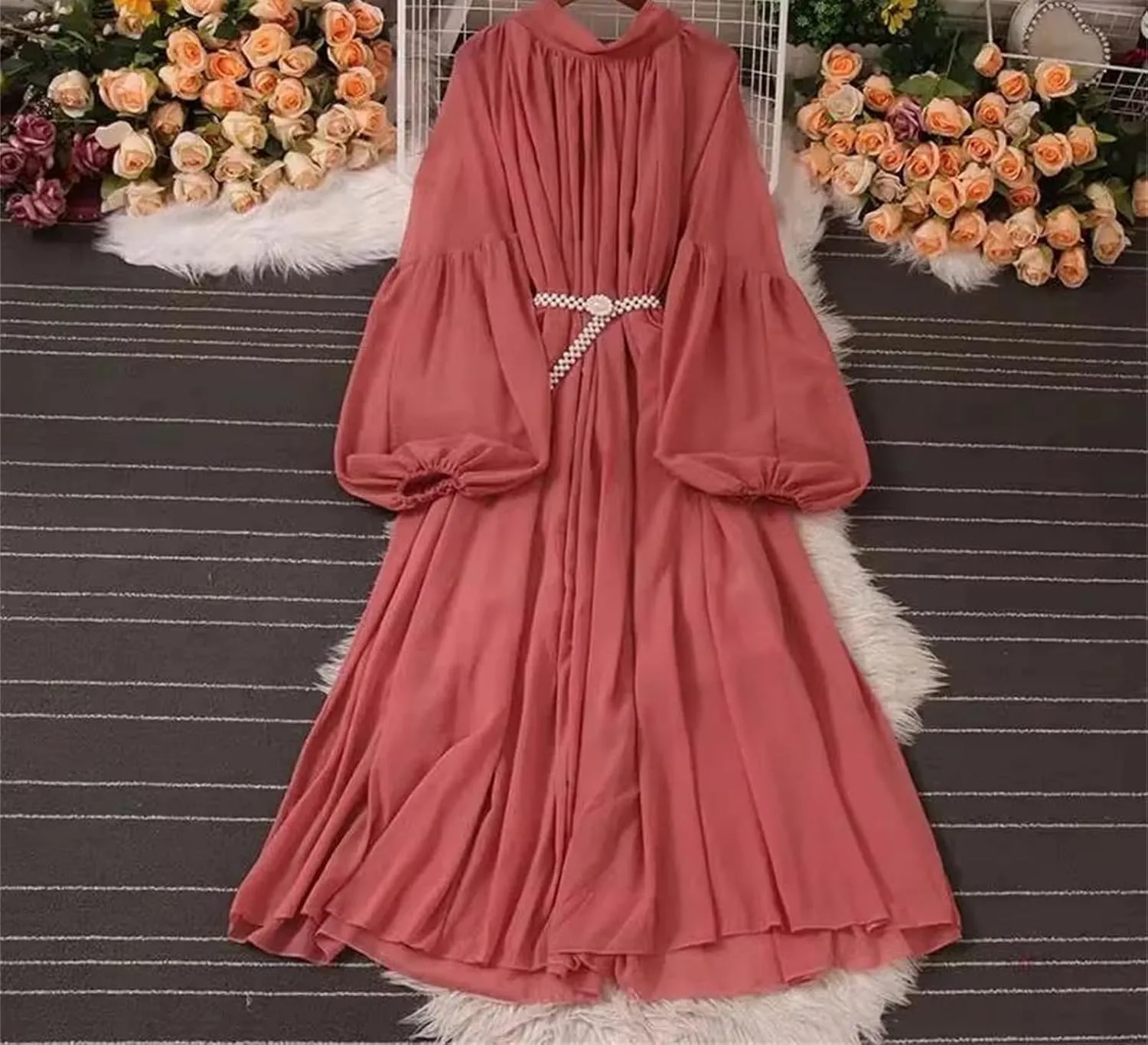 French V-Neck Solid Dress Belt Slim A-Line Lantern Sleeve Robe Female Midi Dress