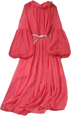 French V-Neck Solid Dress Belt Slim A-Line Lantern Sleeve Robe Female Midi Dress