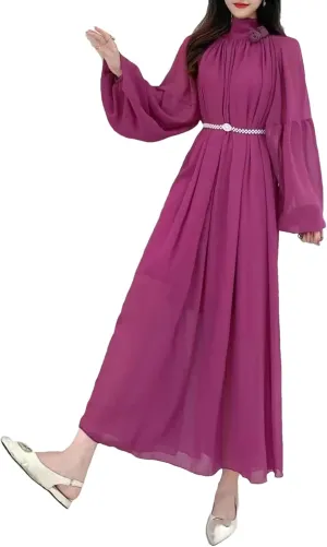 French V-Neck Solid Dress Belt Slim A-Line Lantern Sleeve Robe Female Midi Dress