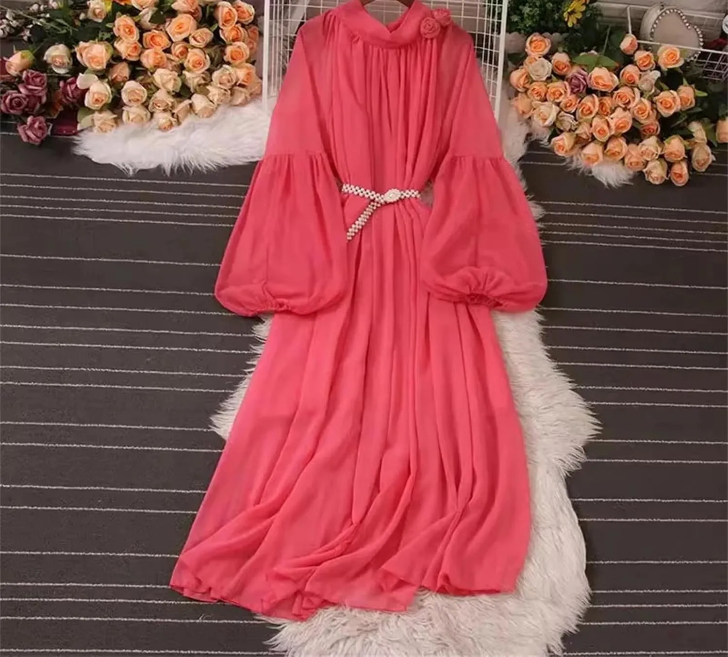 French V-Neck Solid Dress Belt Slim A-Line Lantern Sleeve Robe Female Midi Dress