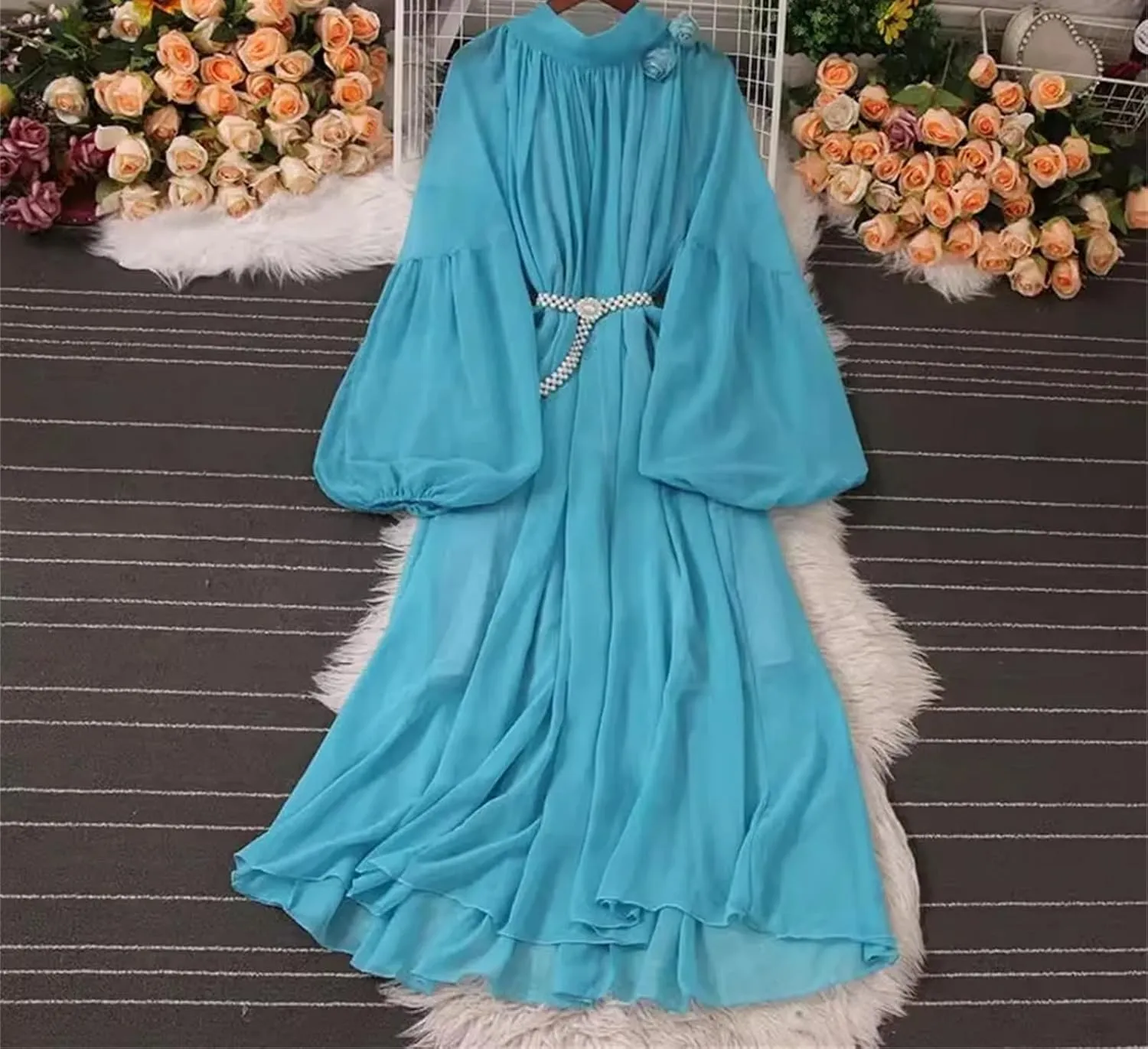 French V-Neck Solid Dress Belt Slim A-Line Lantern Sleeve Robe Female Midi Dress
