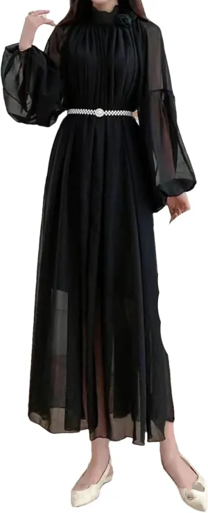 French V-Neck Solid Dress Belt Slim A-Line Lantern Sleeve Robe Female Midi Dress