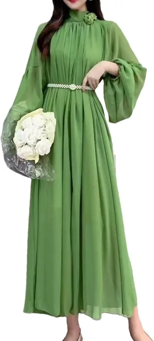 French V-Neck Solid Dress Belt Slim A-Line Lantern Sleeve Robe Female Midi Dress