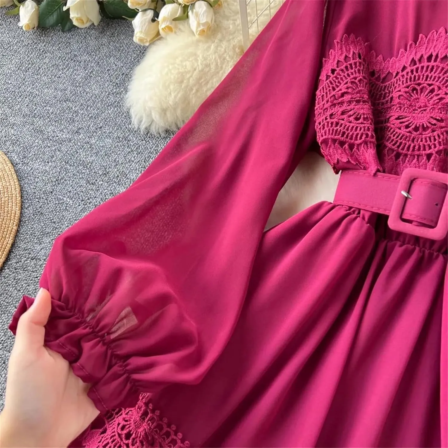 French Vintage O Neck Hollow Out Lace Patchwork Korean Fashion Dresses Women's