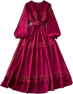 French Vintage O Neck Hollow Out Lace Patchwork Korean Fashion Dresses Women's