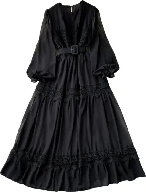 French Vintage O Neck Hollow Out Lace Patchwork Korean Fashion Dresses Women's