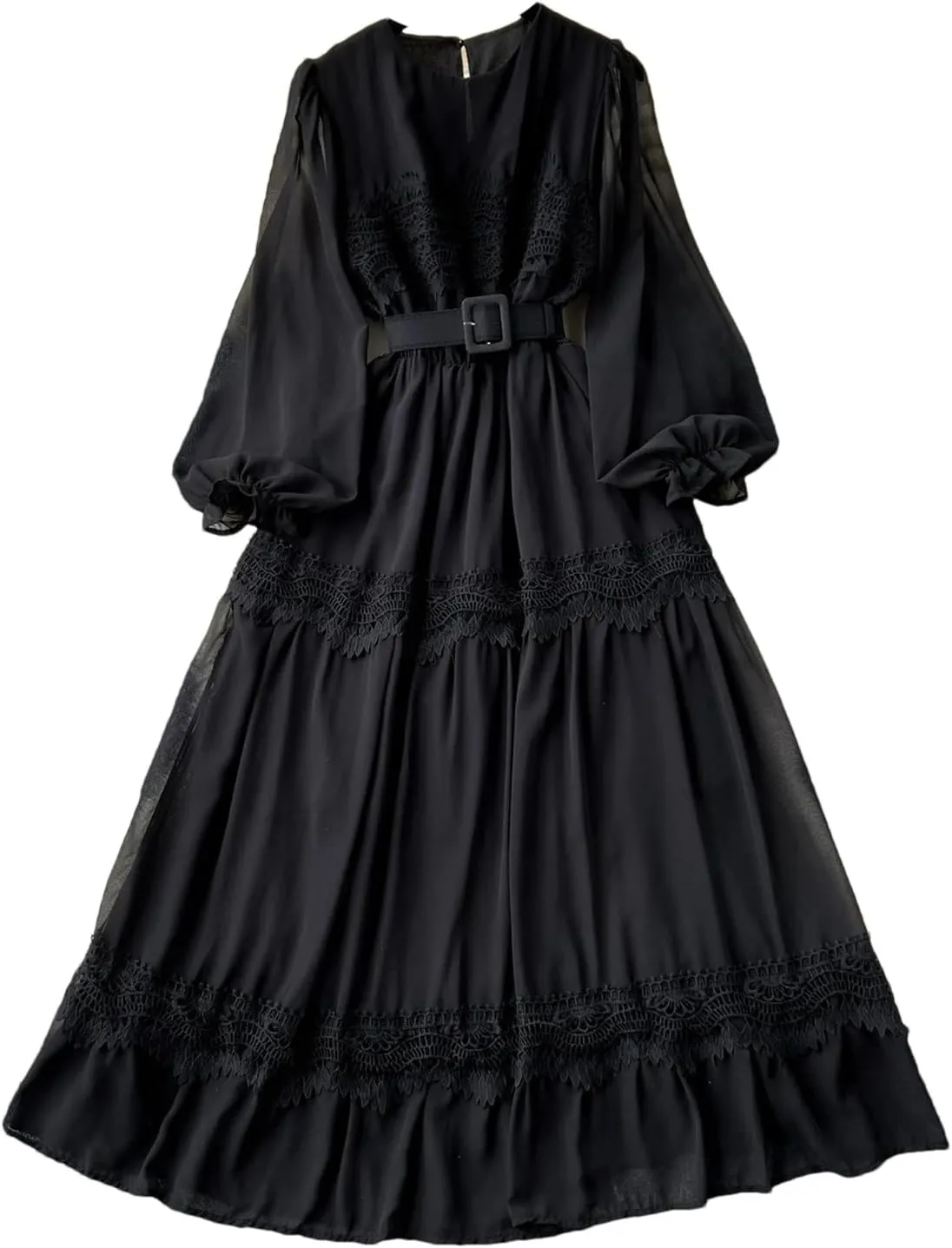 French Vintage O Neck Hollow Out Lace Patchwork Korean Fashion Dresses Women's