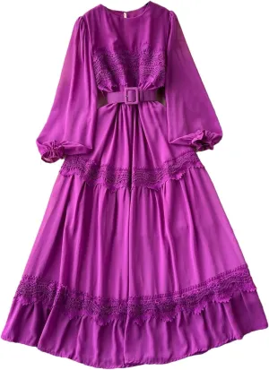 French Vintage O Neck Hollow Out Lace Patchwork Korean Fashion Dresses Women's