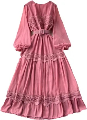French Vintage O Neck Hollow Out Lace Patchwork Korean Fashion Dresses Women's