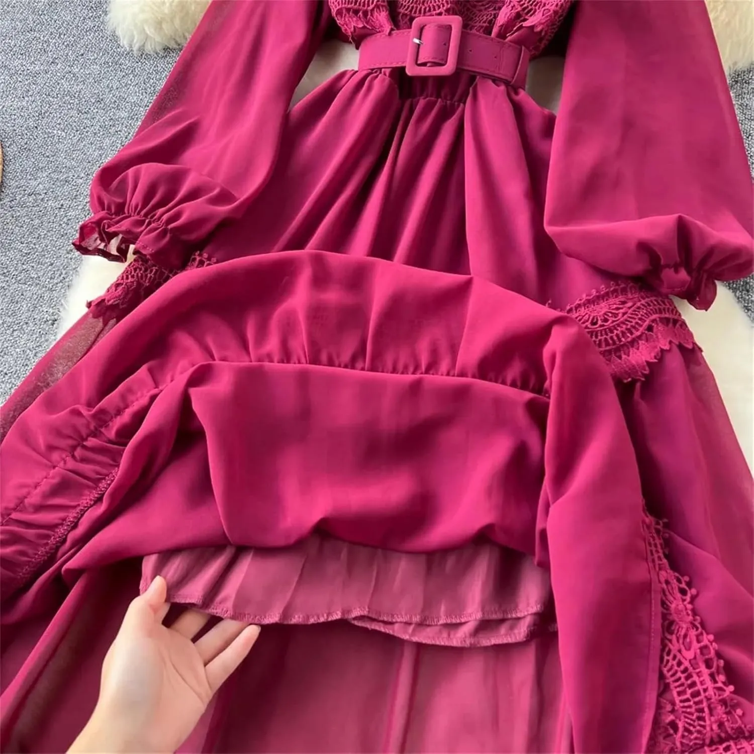 French Vintage O Neck Hollow Out Lace Patchwork Korean Fashion Dresses Women's