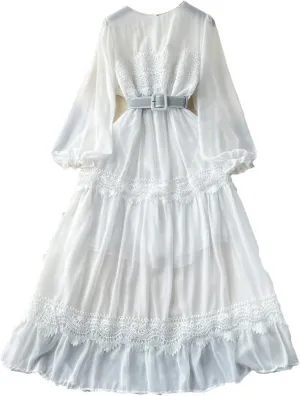 French Vintage O Neck Hollow Out Lace Patchwork Korean Fashion Dresses Women's