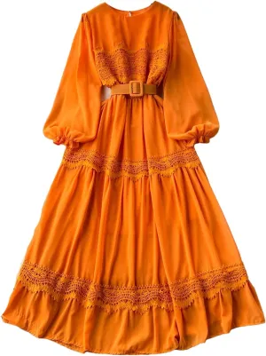 French Vintage O Neck Hollow Out Lace Patchwork Korean Fashion Dresses Women's