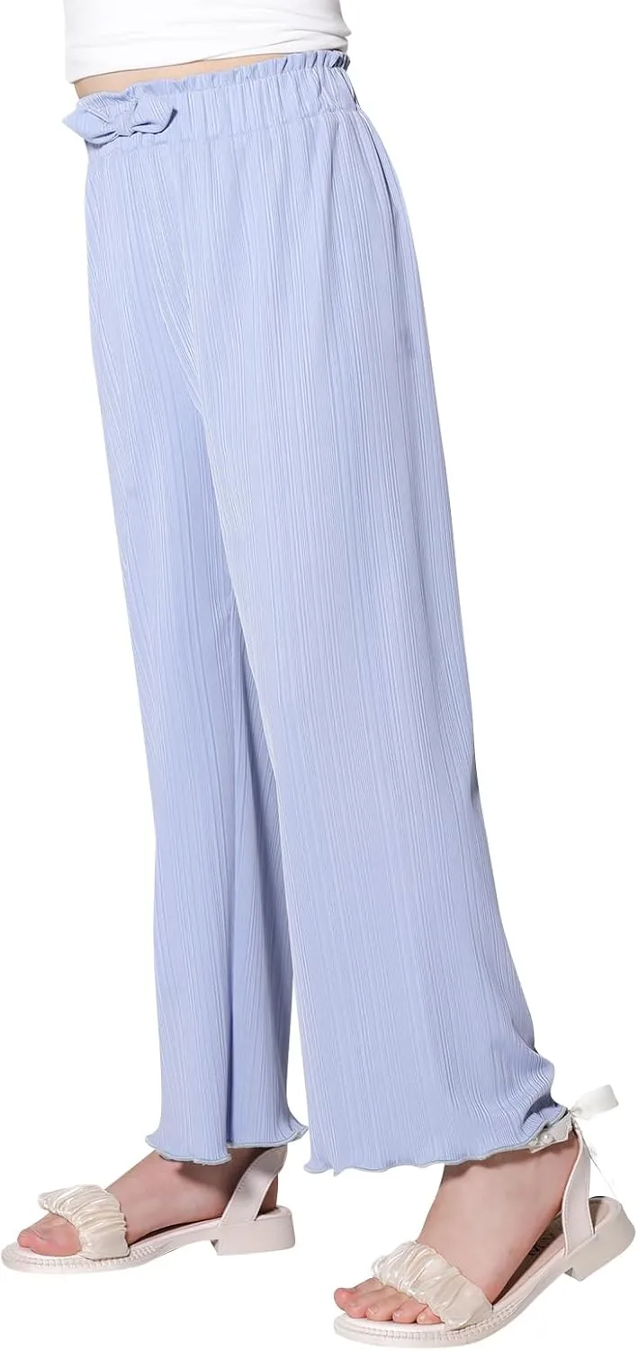Girls Casual Pants Stretchy Palazzo Wide Leg Pants Soft Flowy Lounge Summer Outfit, 5-14Y