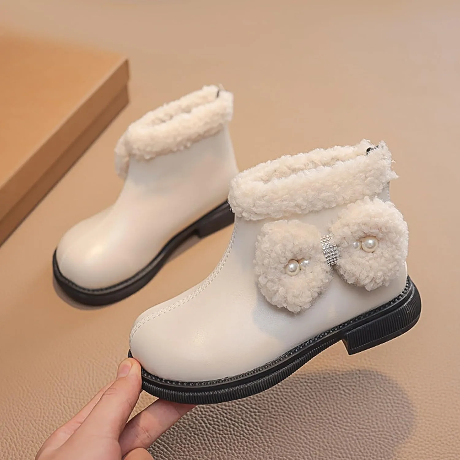Girls Kids Leather Fuzzy Booties Cute Sole Non Slip Shoes Boots Winter Warm Comfy ow Heel Boots Childrens Ski Snow Boots