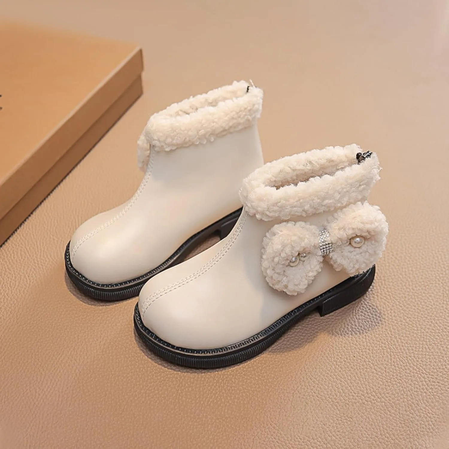 Girls Kids Leather Fuzzy Booties Cute Sole Non Slip Shoes Boots Winter Warm Comfy ow Heel Boots Childrens Ski Snow Boots